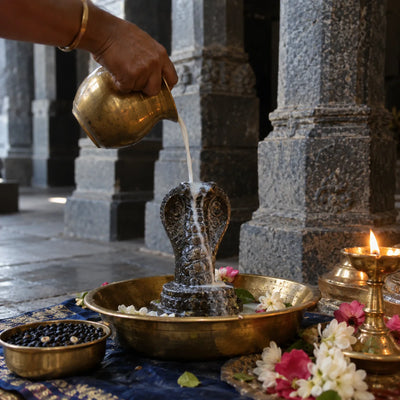 Rahu Milk Abhishekam: milk poured over a stone serpent figure for Rahu abhishekam