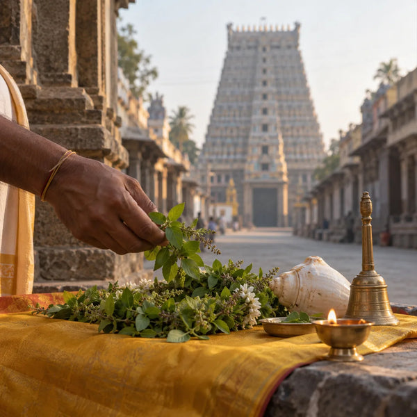 Ranganatha Archana: tulasi, a conch and a lamp on yellow silk for a Vishnu archana
