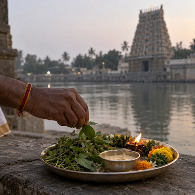 Ranganatha Archana: tulasi, sandal paste and a camphor flame for a Ranganatha archana