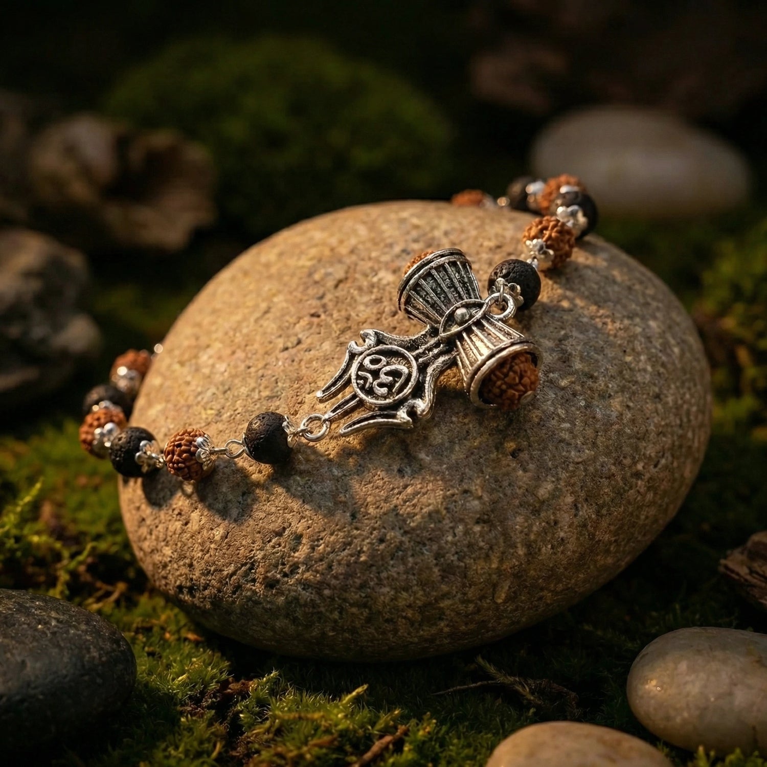 Silver Capped Karungali Rudraksha OM Trishul Damroo Bracelet