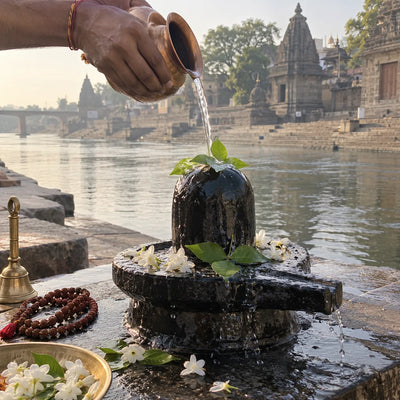 Water poured over a Shivling with bilva leaves, a rudraksha mala and a bell