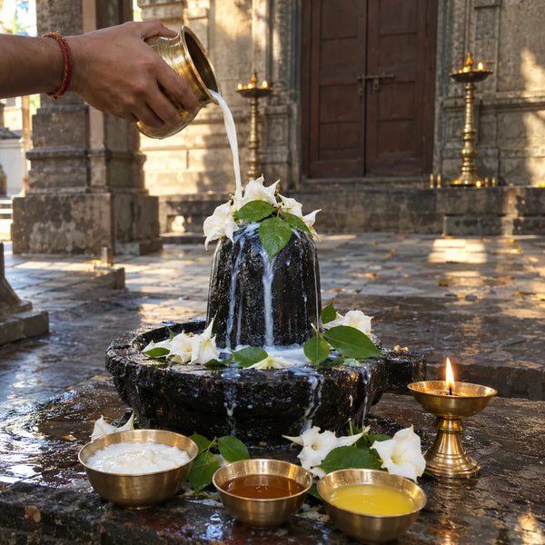 Milk poured from a brass kalash over a black stone Shivling with bilva leaves and dhatura