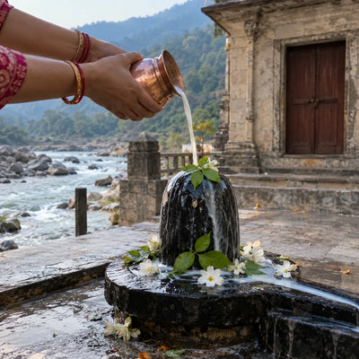 Hands pouring milk from a copper lota onto a black stone lingam with bilva leaves and flowers
