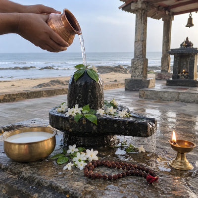Water poured over a black stone Shivling with bilva leaves and a ghee lamp