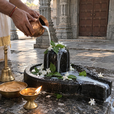 Milk poured from a copper lota over a Shivling with bilva leaves, a brass bell and a ghee diya