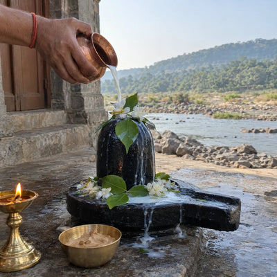 Milk poured over a black stone Shivling with bilva leaves and white flowers