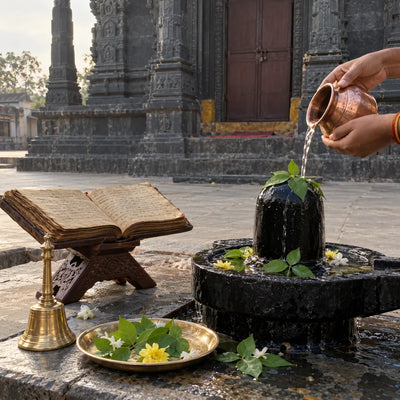 Manuscript on a stand beside a Shivling bathed with water for Rudrashtadhyayi path