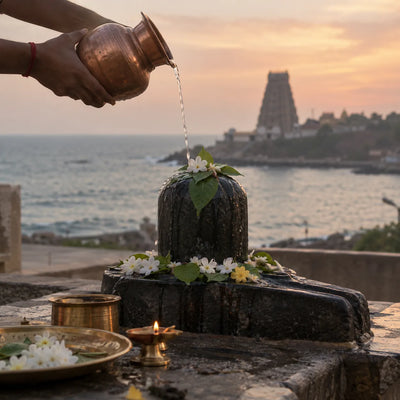 Rudrabhisheka: water poured over a Shivling with the sea and a temple tower behind