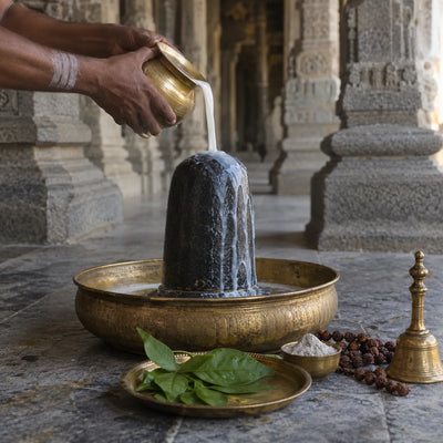 Rudrabhishekam: milk abhishekam on a black stone Shivling with bilva leaves, a granite pillared corridor behind