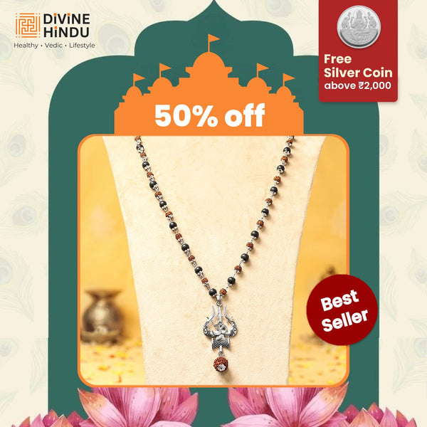 Rudraksha Karungali Mala in Silver-Cap with Shiv Trishul & Rudraksha Pendant