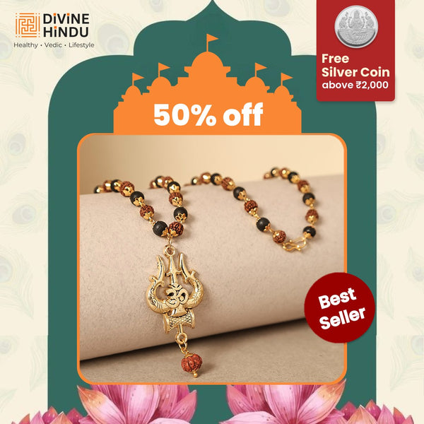 Rudraksha Karungali Malai in Gold-Cap with Shiv Trishul & Rudraksha Pendant 54B