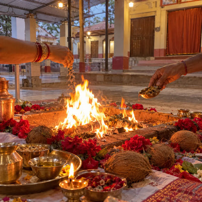 Hands offering samagri into a large havan fire surrounded by red flowers, coconuts and brass vessels