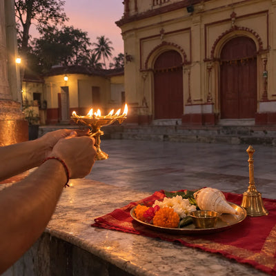 Hands raising a multi-wick brass aarti lamp beside a conch shell and a brass bell at dusk
