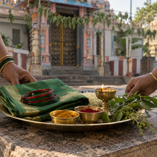 Saree, Bangles, Turmeric and Kumkum Offering: a saree, bangles, turmeric and kumkum offered to the Devi