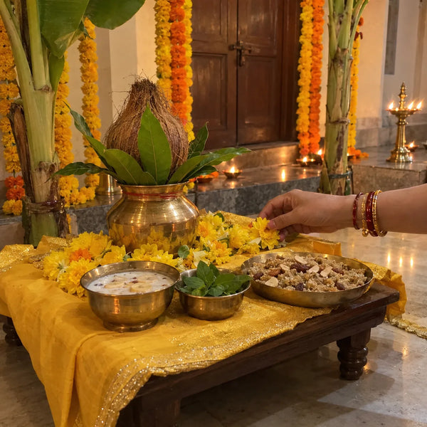 A yellow-draped chowki with a kalash, panchamrit and panjiri for Satyanarayan Katha