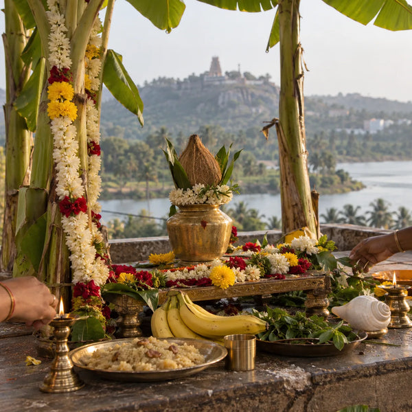 Satyanarayana Vratham: a Satyanarayana vratham set-up with a kalasam and banana stems