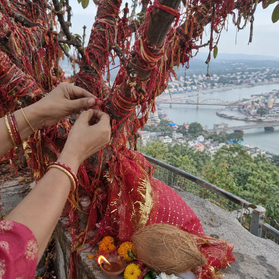 Hands tying a sacred wish thread on a tree full of red threads