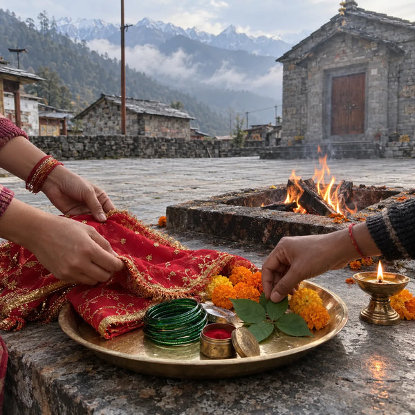 Chunri, bangles and bilva leaves offered beside a small sacred fire, Himalayan hills behind