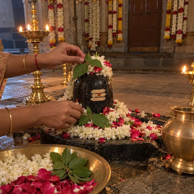 Hands arranging flower garlands and bilva leaves around a sandalwood-marked Shivling