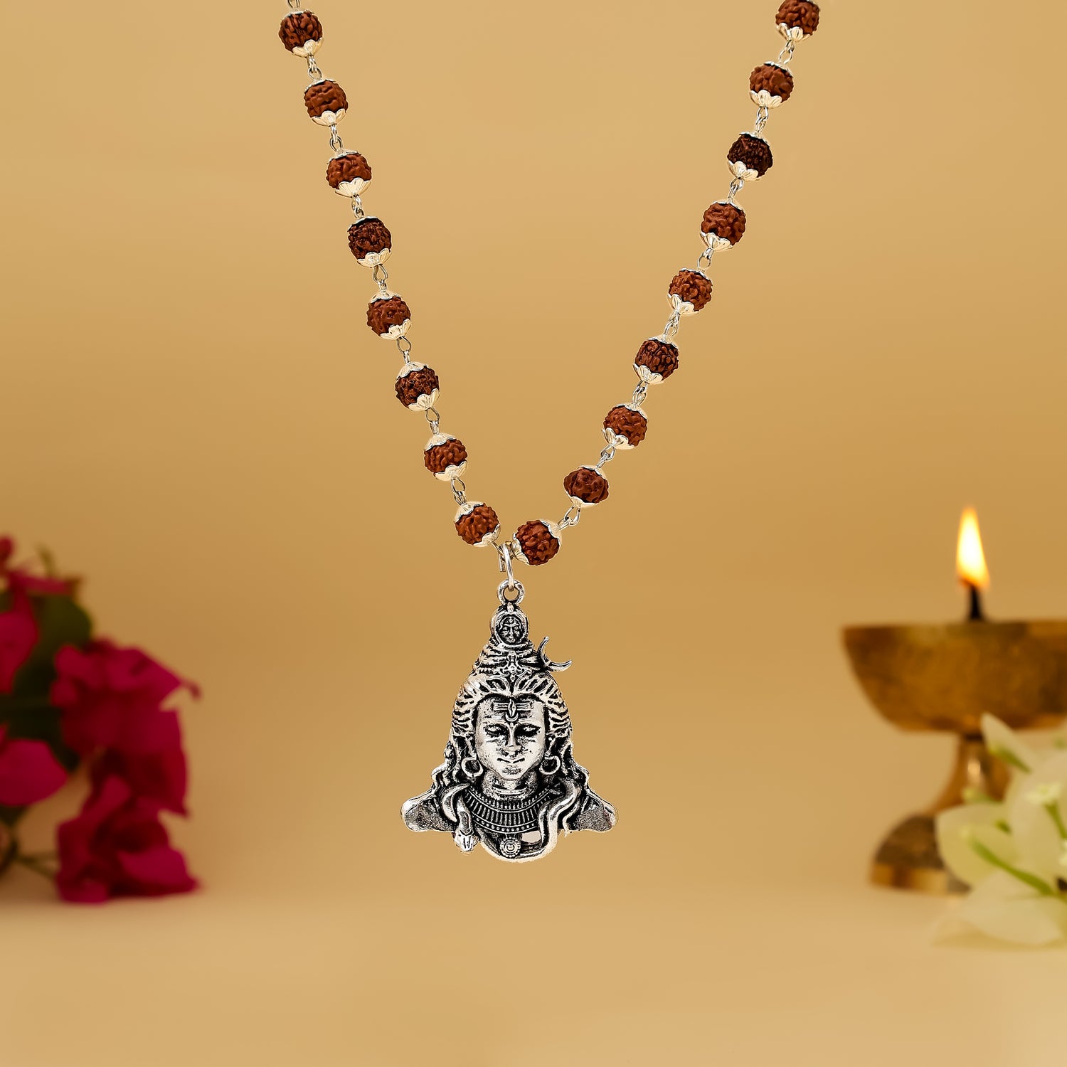Silver-plated Rudraksha Necklace with an Om pendant