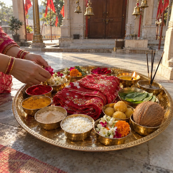 A brass thali of sixteen puja offerings arranged around a folded red chunri