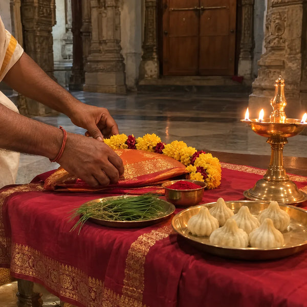 Shringar offerings with a garland, sindoor, durva grass and modaks on a red cloth
