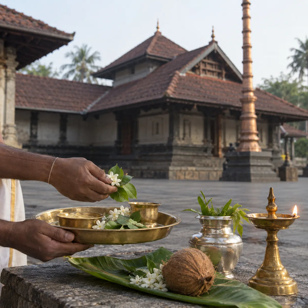 Special Puja: bilva leaves, a coconut and a silver kalasha for a special puja