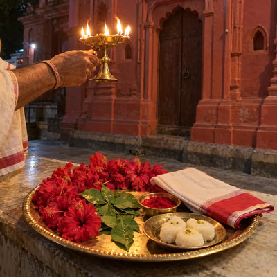 Red hibiscus garland, sindoor and sandesh with a five-wick brass lamp