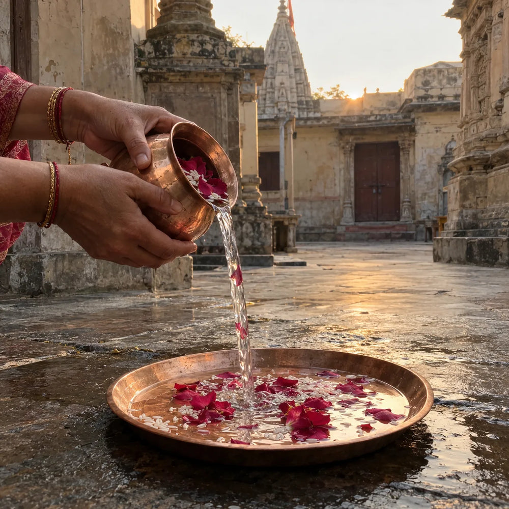 Hands pouring water from a copper lota with red flowers and rice into a copper tray at sunrise