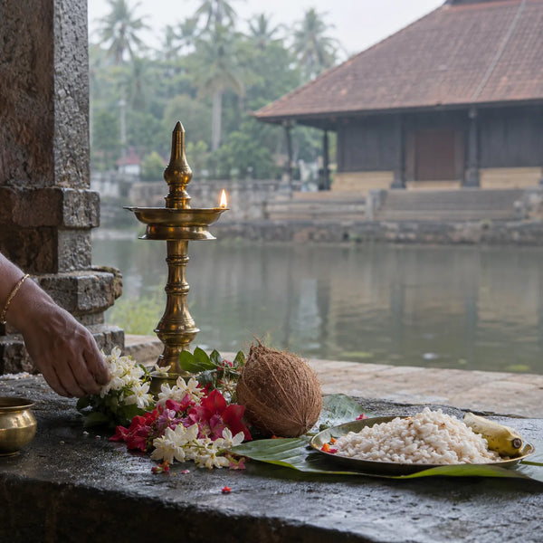 Thiruvappana Offering: a brass lamp, a coconut and beaten rice for a Muthappan offering