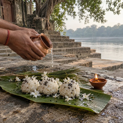Three pindas with black sesame and white flowers on a banana leaf with kusha grass and a diya
