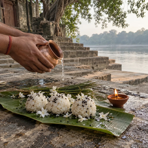 Three pindas with black sesame and white flowers on a banana leaf with kusha grass and a diya