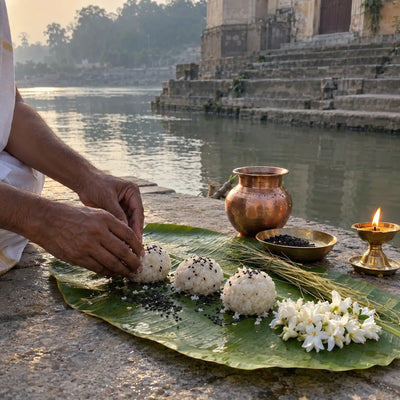 Three rice pindas on a banana leaf with sesame, kusha grass and a brass lamp