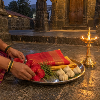Folded red and yellow cloths on a silver plate with hibiscus and a samai lamp