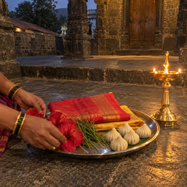 Folded red and yellow cloths on a silver plate with hibiscus and a samai lamp