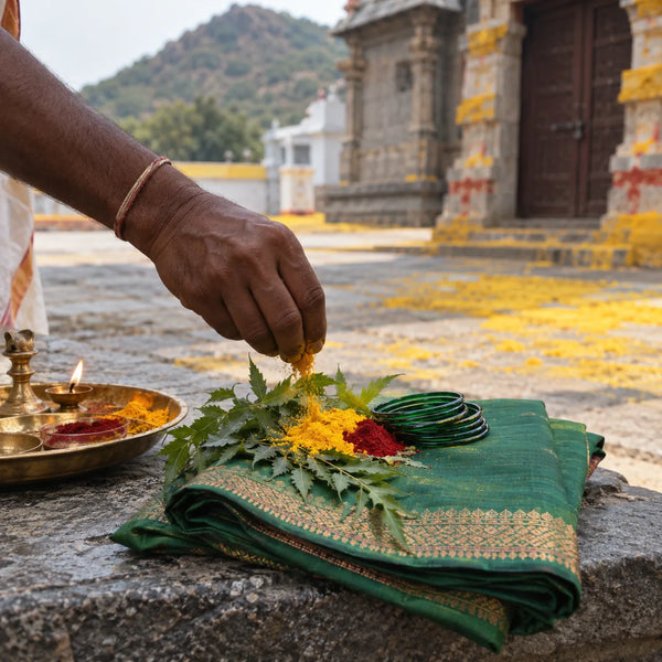 Yellamma Archana: turmeric, kumkum and a green saree for a Yellamma archana